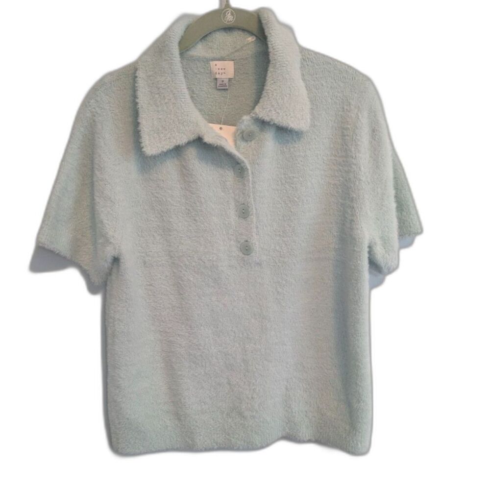 A New Day Women's Short Sleeve Sweater Polo Collar Fuzzy Light Green Shirt S